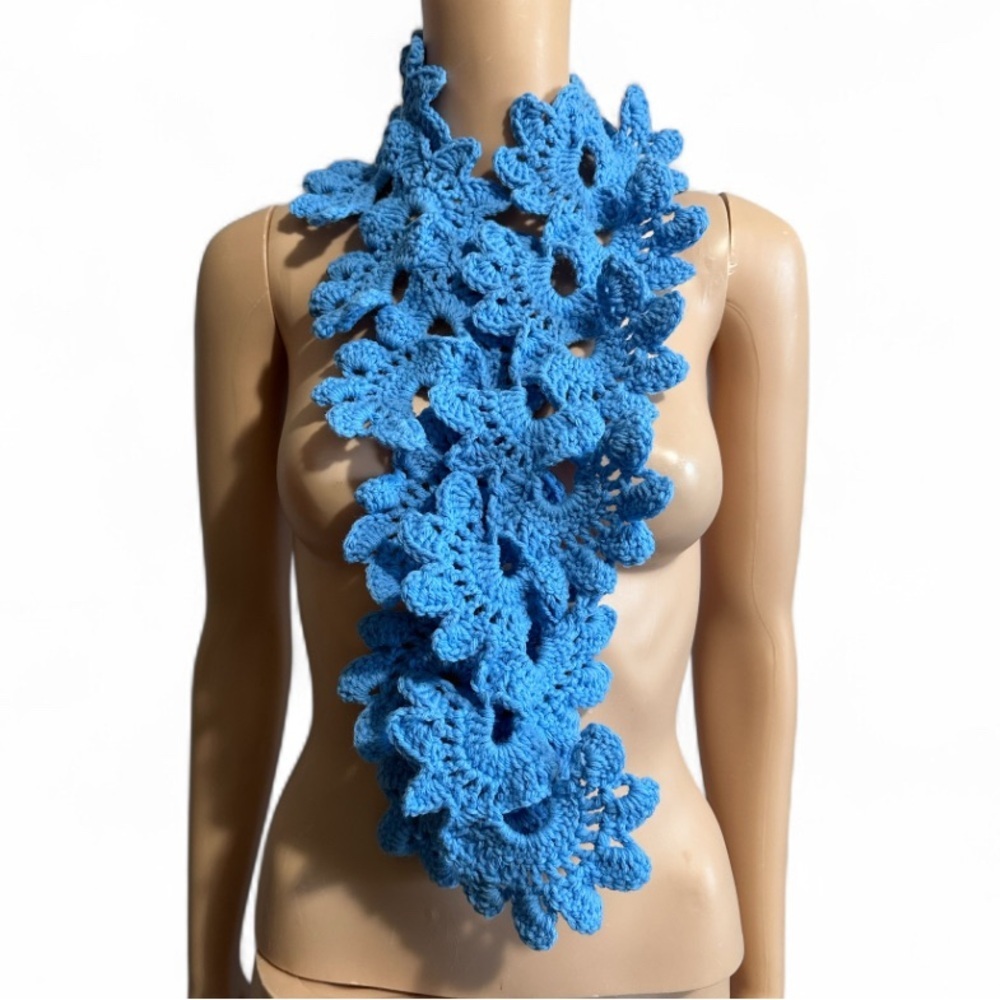Handmade Blue Floral lace pattern Crochet Scarf 43” length